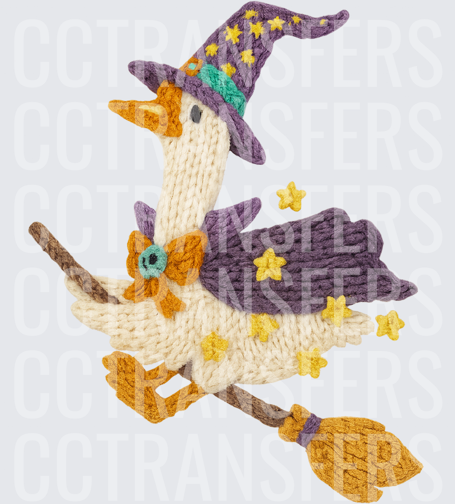 Knitted Witch Duck Flying on Broomstick with Stars (DTF)