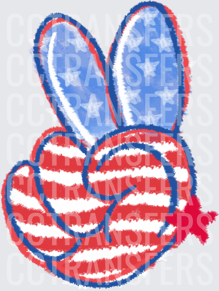 Patriotic Peace Sign Hand with Bunny Ears Stars and Stripes (DTF)