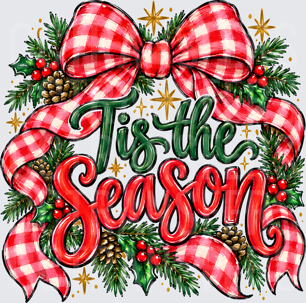 Tis The Season Red Buffalo Plaid Bow Holly Wreath (DTF)