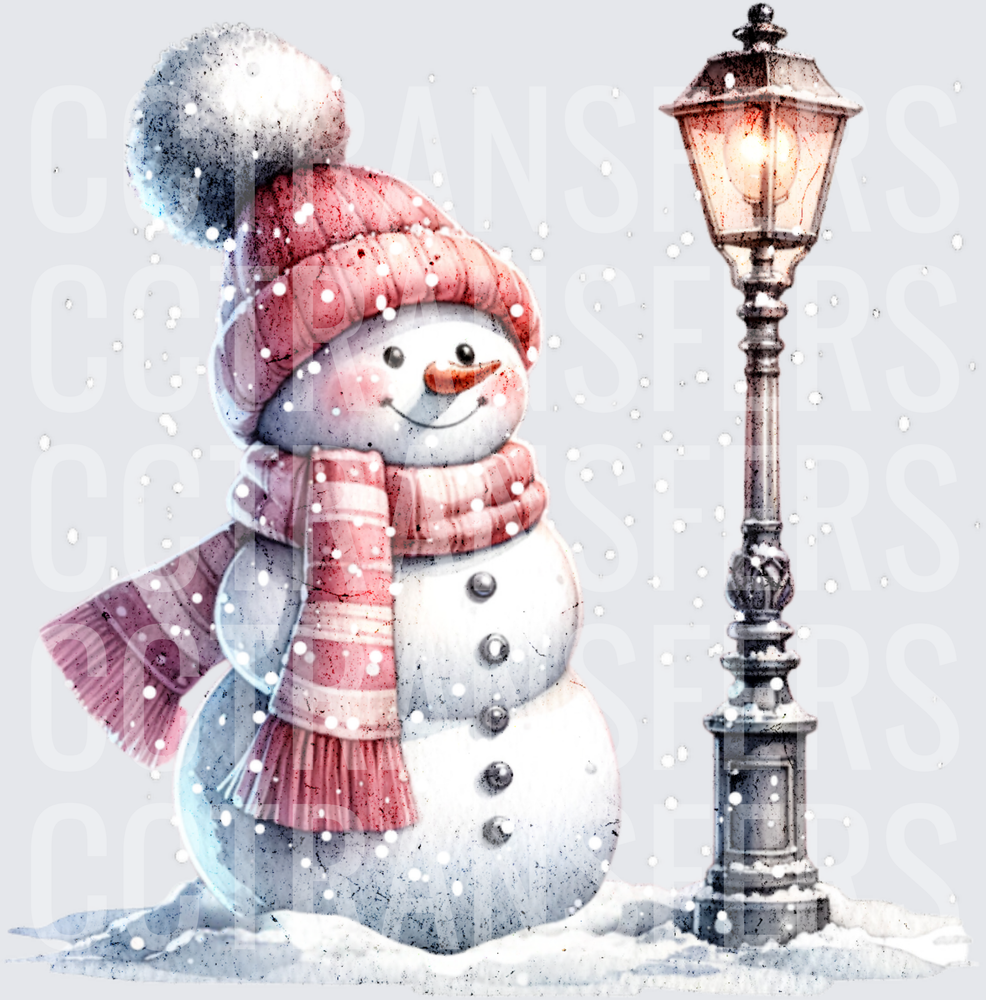 Watercolor Snowman Pink Scarf Beanie Glowing Lamp Post (DTF)