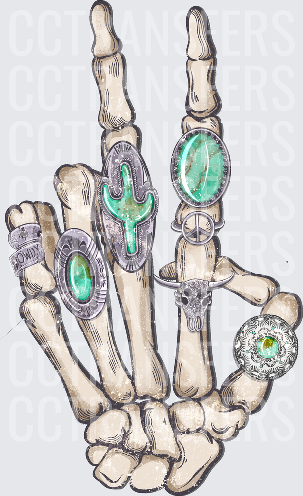 Skeleton Hand Rock Sign Turquoise Western Rings Howdy (DTF)