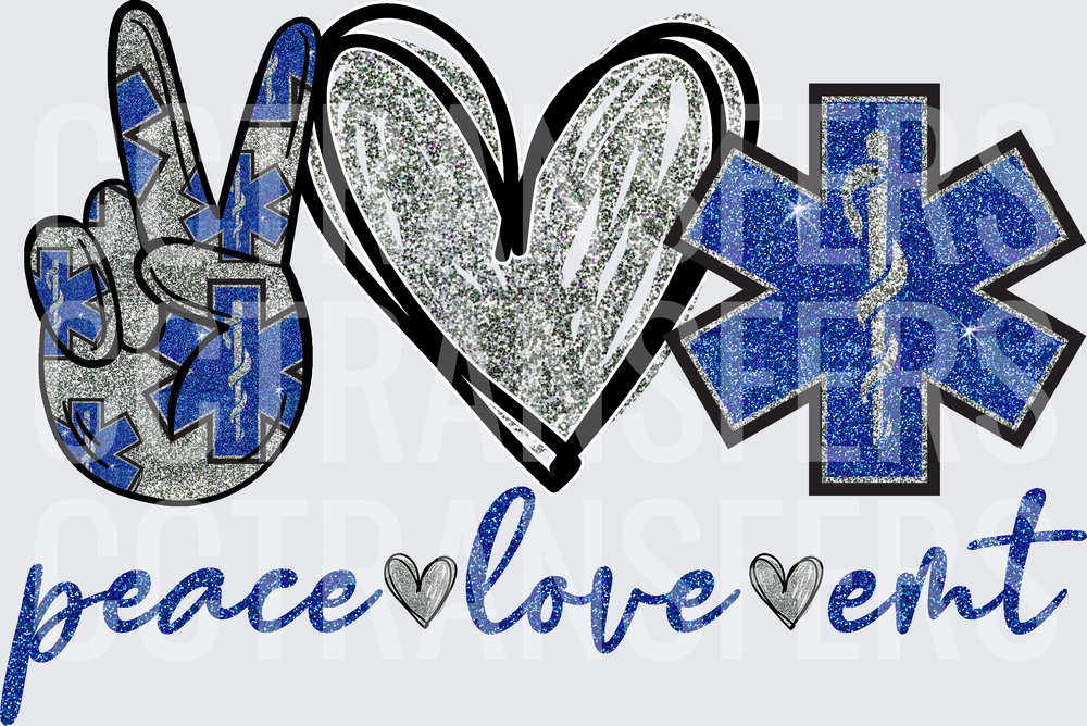 Peace Love EMT Glitter Blue Silver Star of Life (DTF)