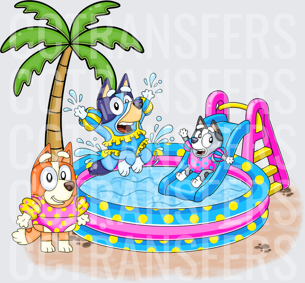 Cartoon Puppy Kids Summer Pool Party with Slide (DTF)