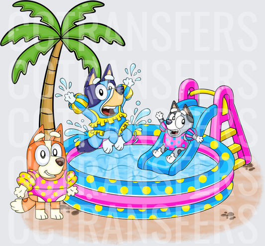 Cartoon Puppy Kids Summer Pool Party with Slide (DTF)