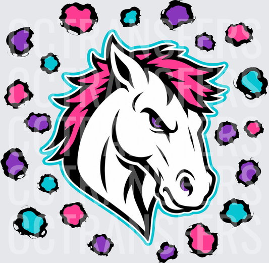 Fierce Horse Head Pink Mane Colorful Leopard Spots (DTF)