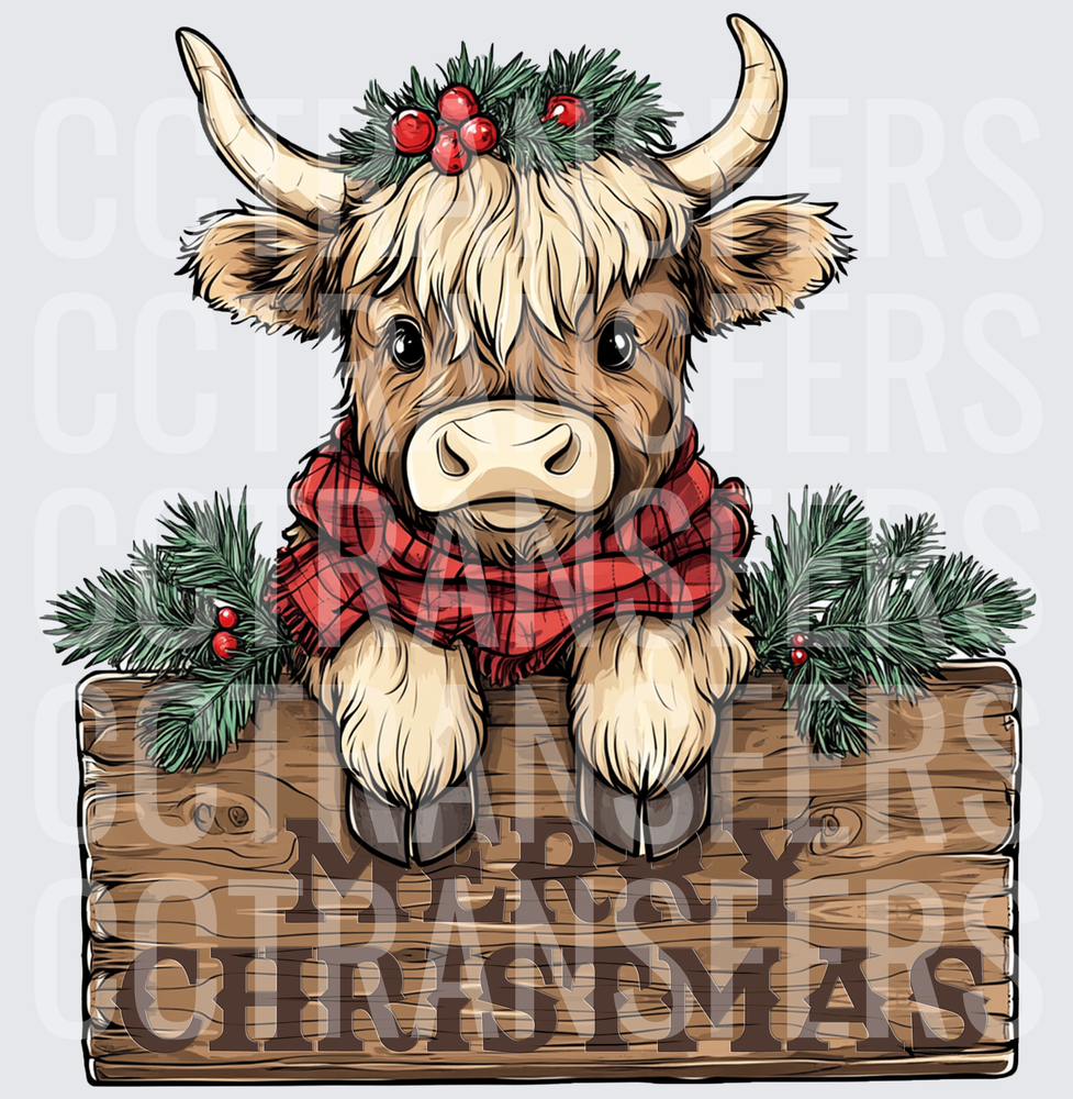 Cute Highland Cow Holly Wreath Red Scarf Merry Christmas (DTF)