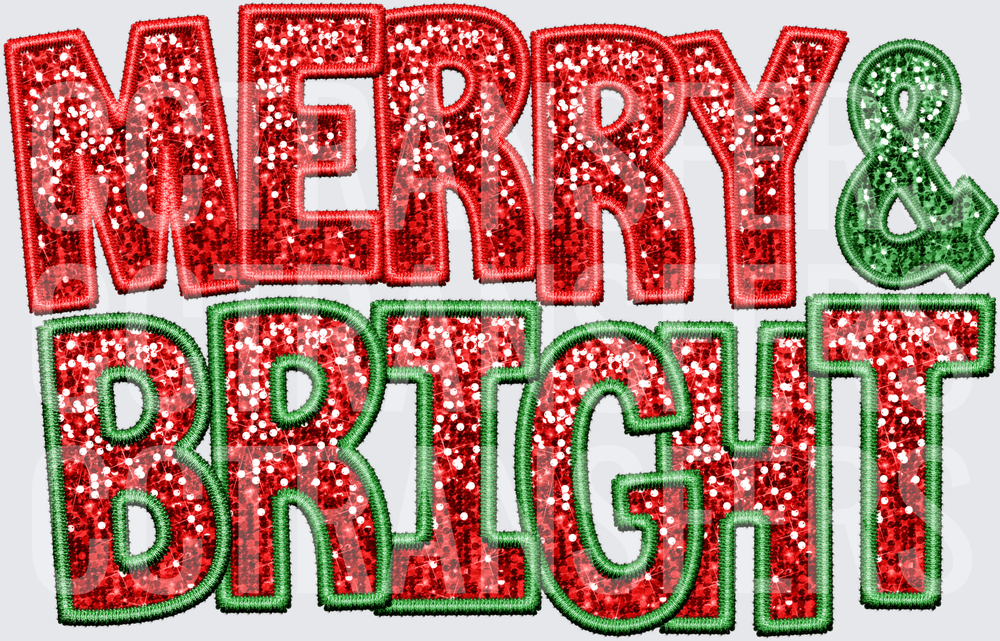 Merry & Bright Red Green Glitter Embroidery Style (DTF)
