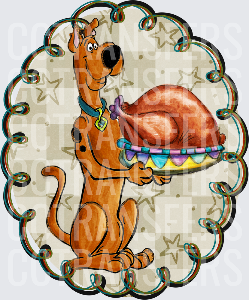 Cartoon Brown Dog Holding Thanksgiving Turkey Platter (DTF)