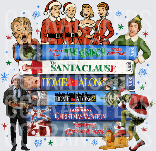 Classic Christmas Movie VHS Stack Holiday Characters DTF