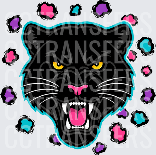 Fierce Black Panther Head Teal Outline Colorful Paw Prints (DTF)