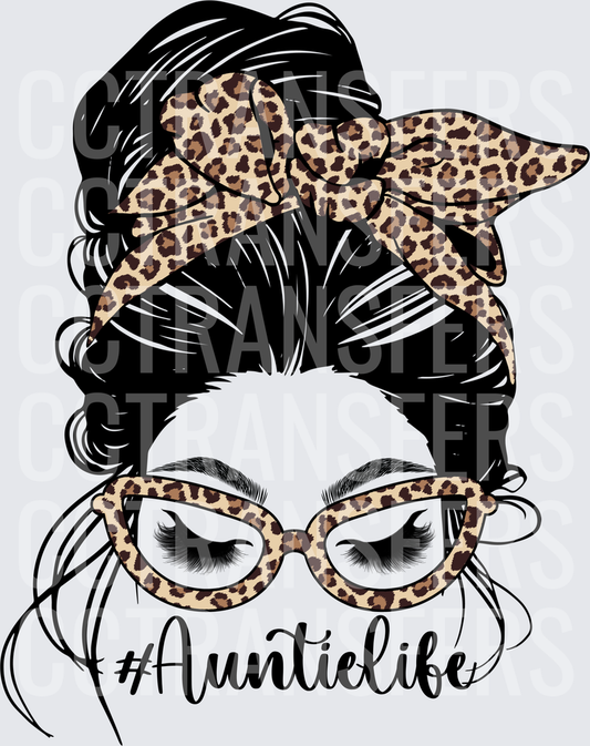 Auntie Life Messy Bun Leopard Print Bandana & Glasses (DTF)