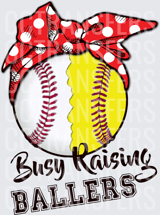 Busy Raising Ballers Split Baseball Softball Red Polka Dot Bow (DTF)
