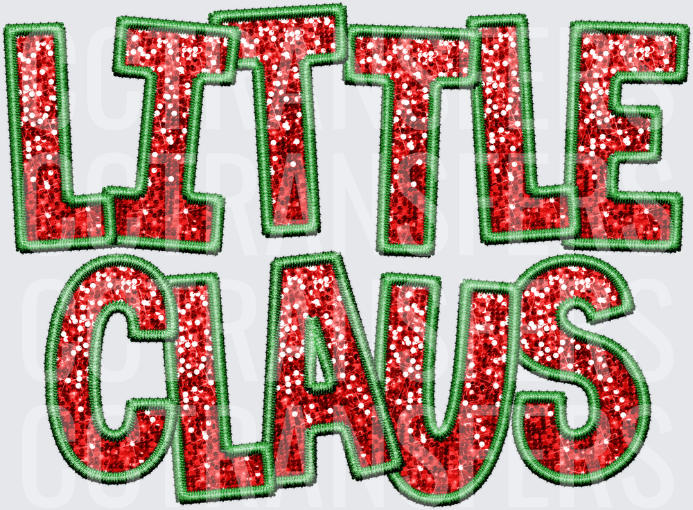 Little Claus Red Glitter Green Embroidery Letter Design (DTF)