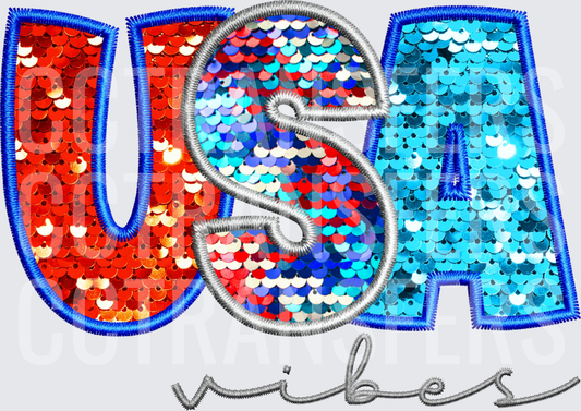 USA Vibes Sequin Embroidery Patch Style Letter Design (DTF)
