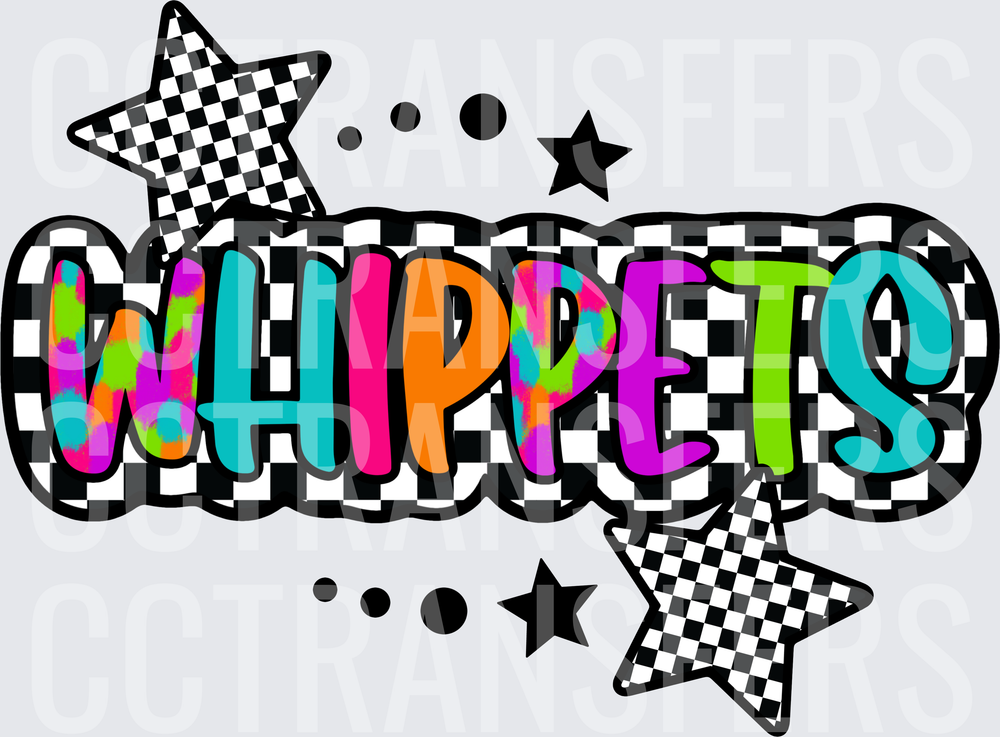 Whippets Bold Colorful Checkered Star Design DTF