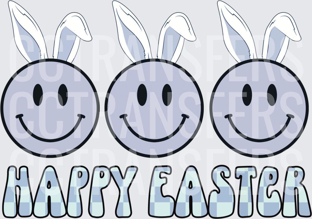 Happy Easter Triple Smiley Face Bunny Ears Blue Check (DTF)