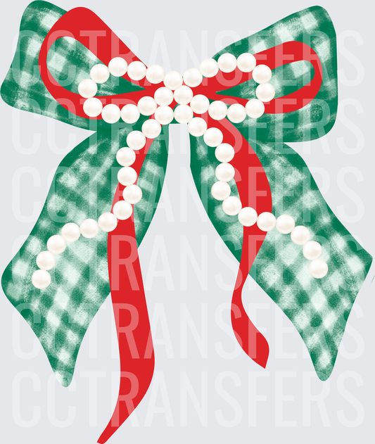 Christmas Green Gingham Bow with Pearl Strand (DTF)