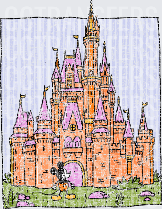 Vintage Distressed Fairy Tale Castle with Cartoon Mouse (DTF)