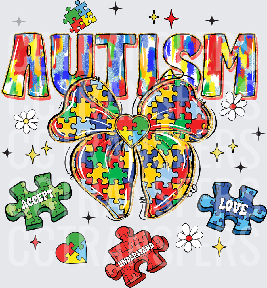 Autism Awareness Puzzle Piece Bow Accept Love Understand (DTF)