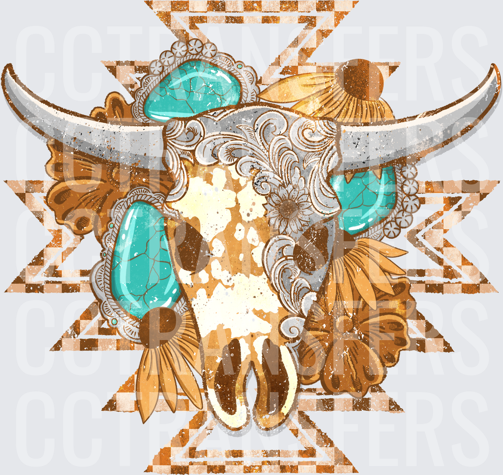 Boho Longhorn Skull Turquoise Gems Aztec Sunflowers (DTF)