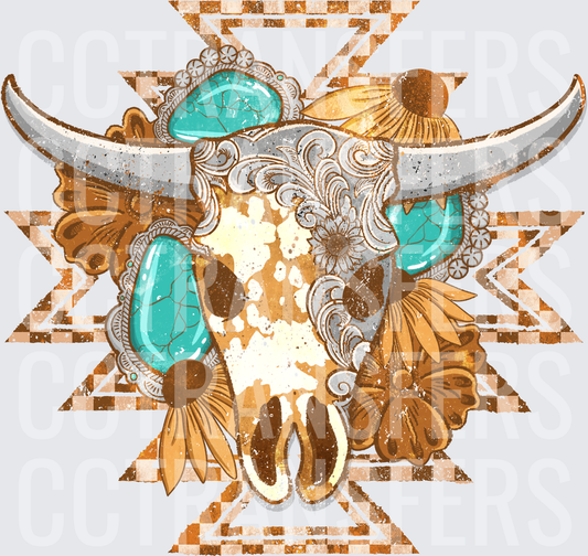 Boho Longhorn Skull Turquoise Gems Aztec Sunflowers (DTF)