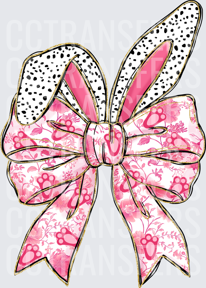 Pink Floral Paw Print Bow with Dalmatian Spots & Gold Trim (DTF)