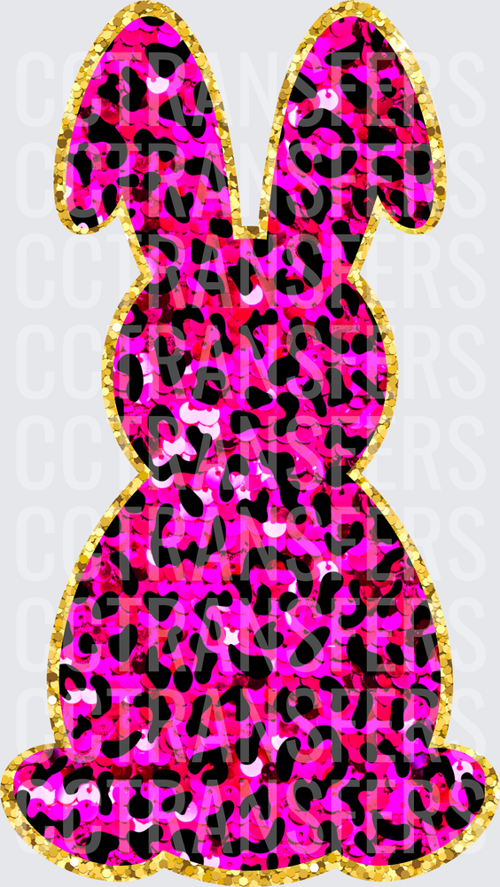 Hot Pink Leopard Print Glitter Bunny Gold Border (DTF)