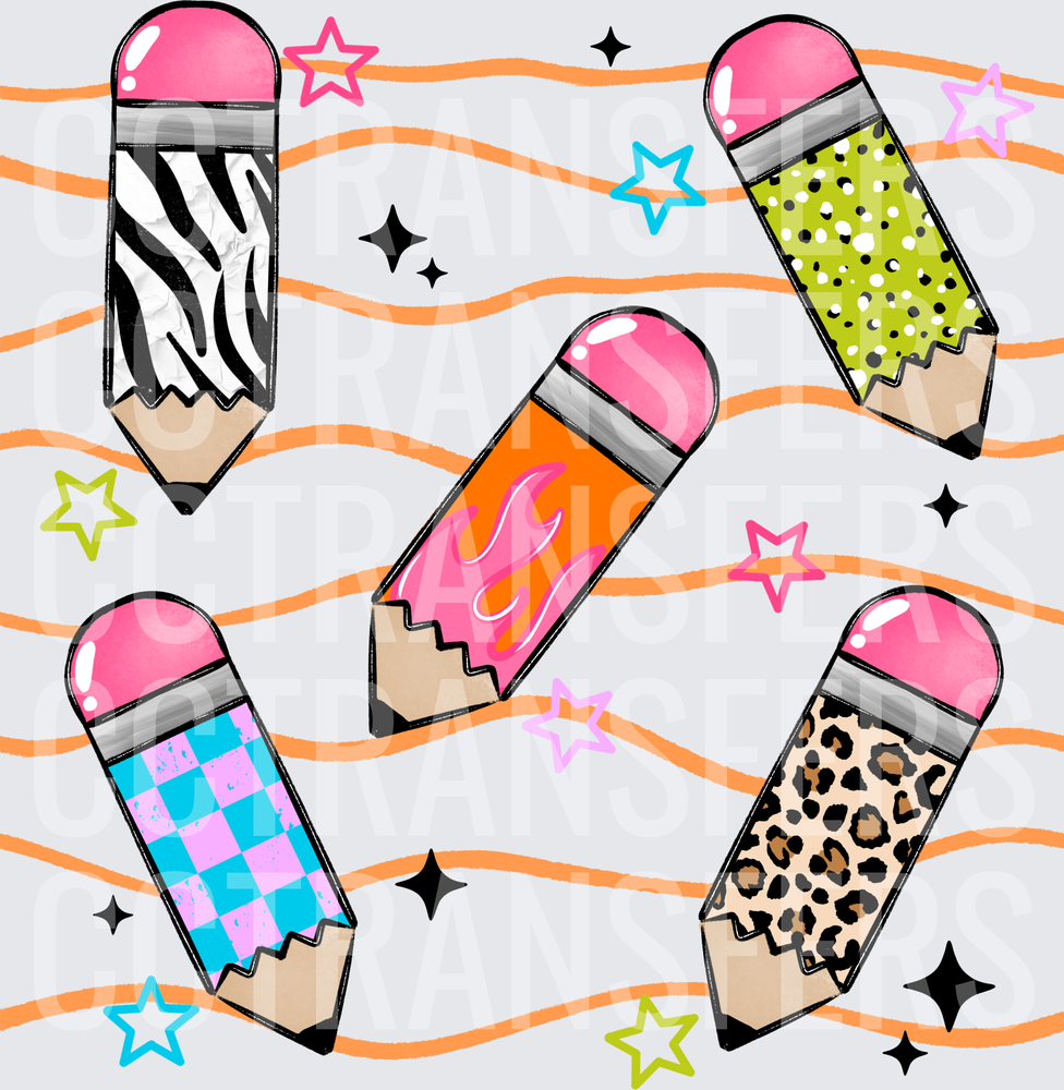 Funky Patterned Pencils Stars Wavy Lines Back to School (DTF)