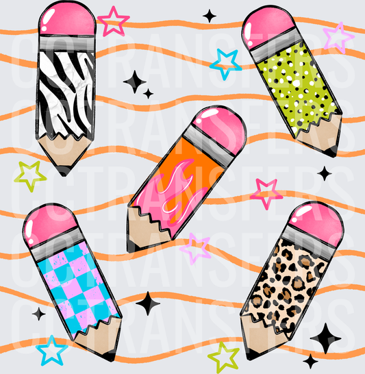 Funky Patterned Pencils Stars Wavy Lines Back to School (DTF)