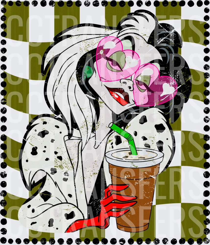 Villain Diva with Heart Shades Holding Iced Coffee (DTF)