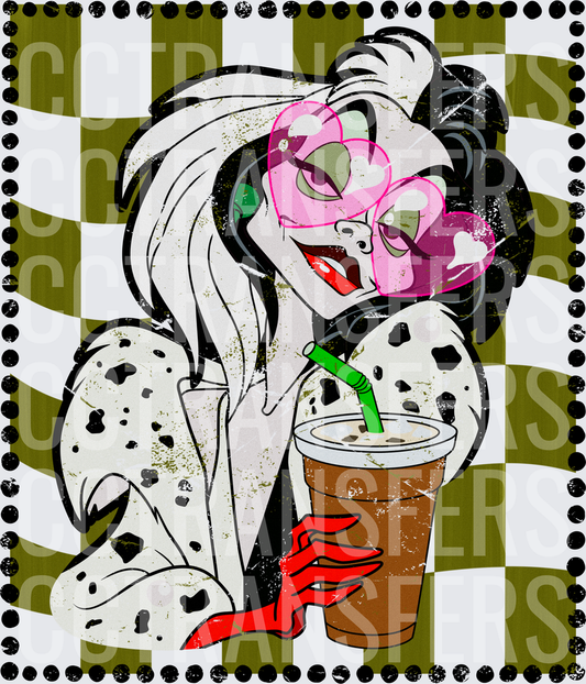 Villain Diva with Heart Shades Holding Iced Coffee (DTF)