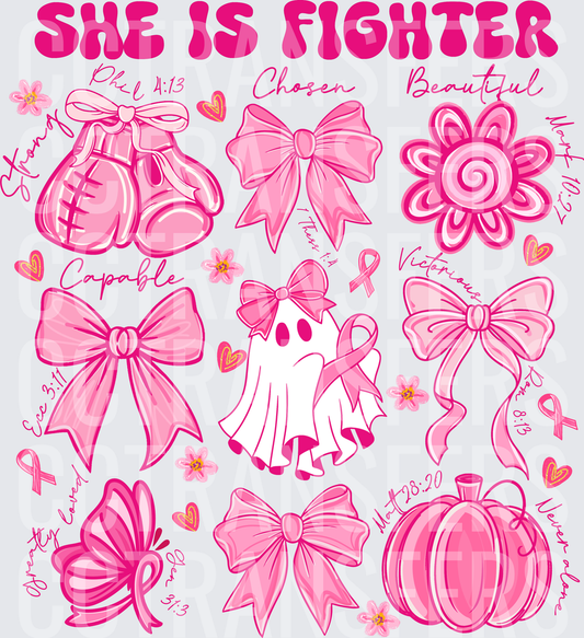 She Is Fighter Pink Breast Cancer Awareness Bows (DTF)