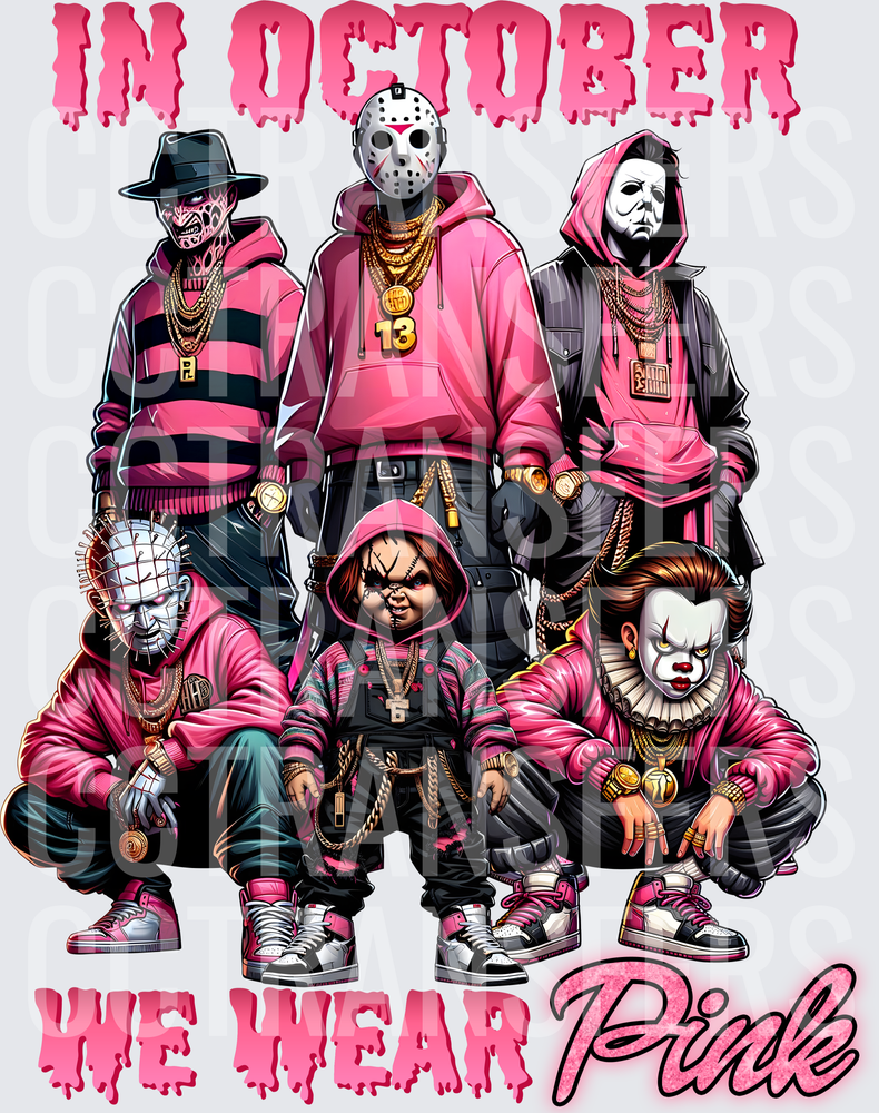 In October We Wear Pink Horror Villains Pink Streetwear (DTF)
