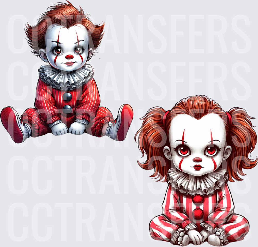 Creepy Baby Clown Duo Red Striped Suit Chibi Horror (DTF)