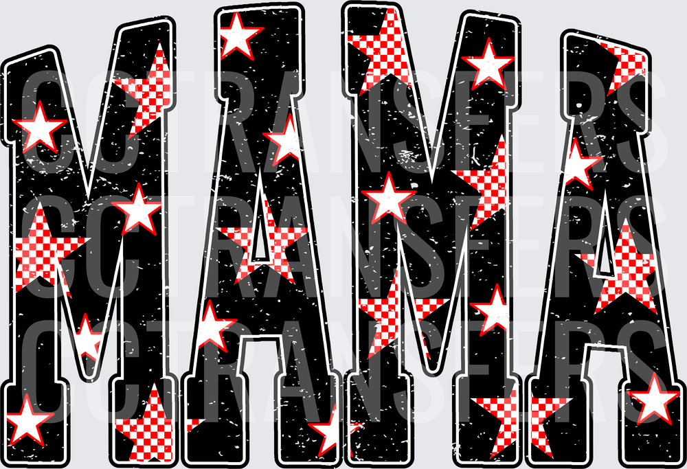 Mama Bold Varsity Letters Red Checkered Stars Grunge (DTF)