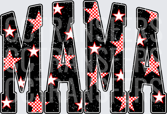 Mama Bold Varsity Letters Red Checkered Stars Grunge (DTF)