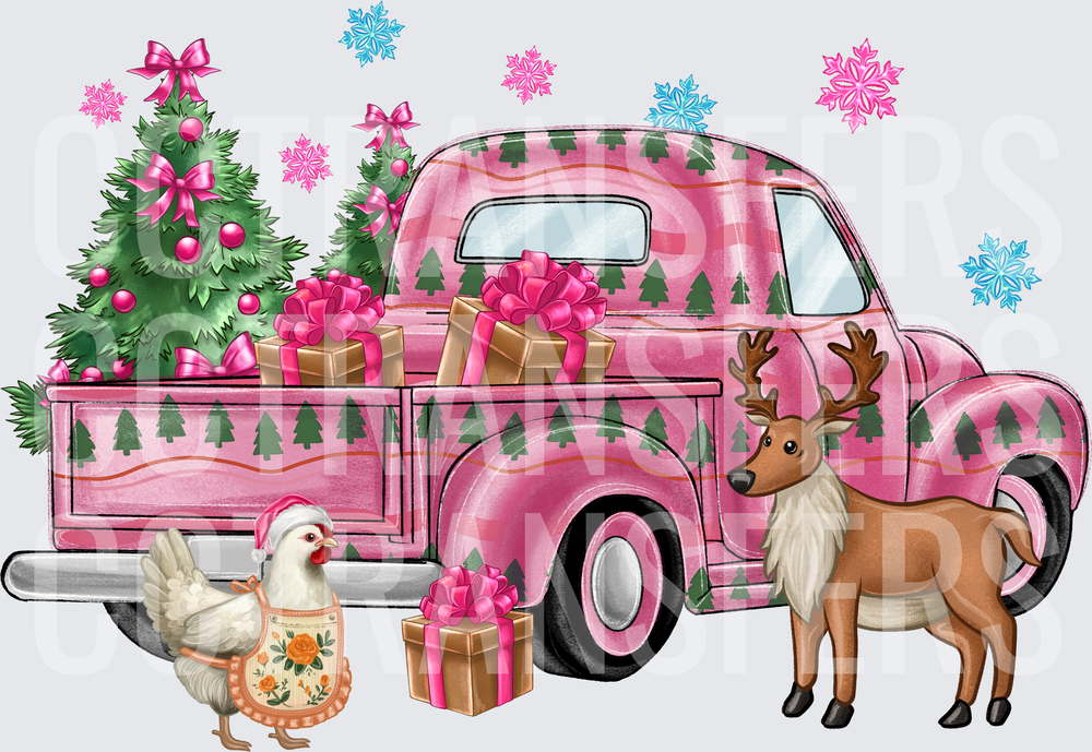 Pink Christmas Truck Deer Santa Hen Holiday Scene (DTF)