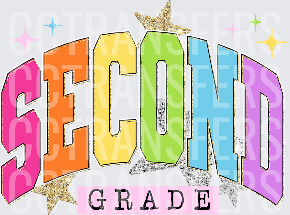 Colorful Arched Second Grade Bold Letters with Glitter Stars (DTF)