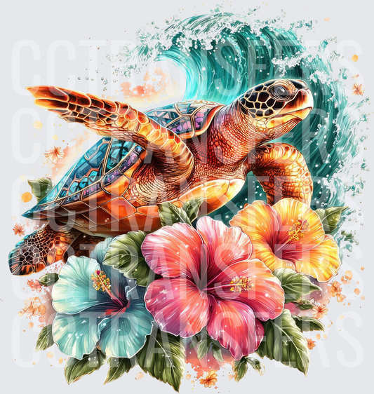Tropical Sea Turtle Ocean Wave Hibiscus Flowers (DTF)
