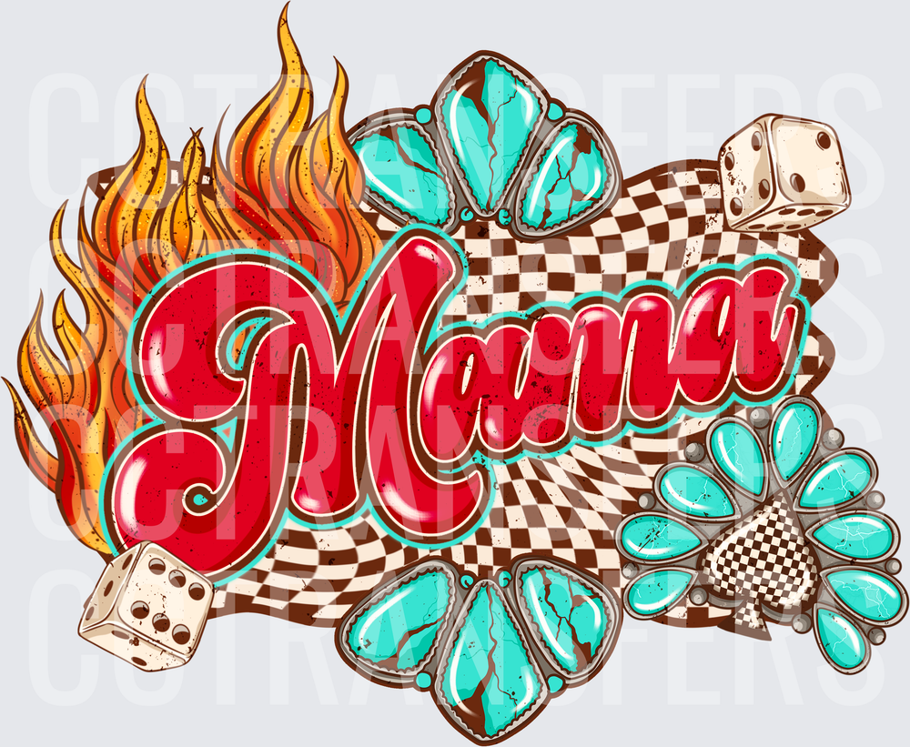 Mama Retro Checkered Flames Turquoise Jewels Dice (DTF)
