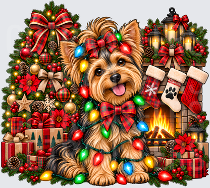 Yorkie Christmas Lights Fireplace Holiday Scene (DTF)