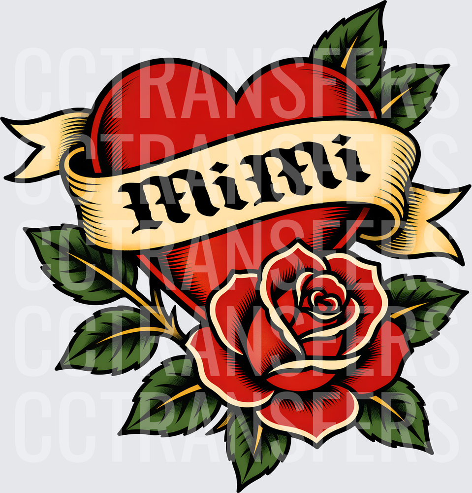 Mimi Red Heart Rose Banner Old School Tattoo (DTF)