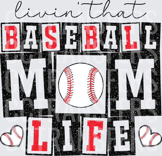 Livin That Baseball Mom Life Glitter Block Letters (DTF)