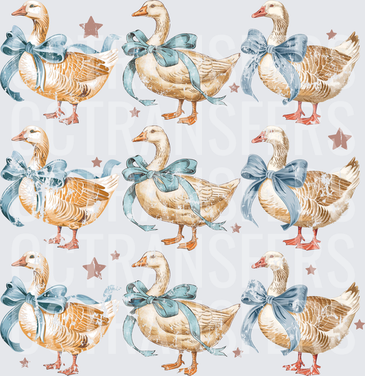 Vintage Geese with Blue Bows and Stars Pattern (DTF)