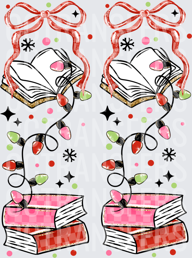 Christmas Books String Lights Red Bow Snowflakes (DTF)