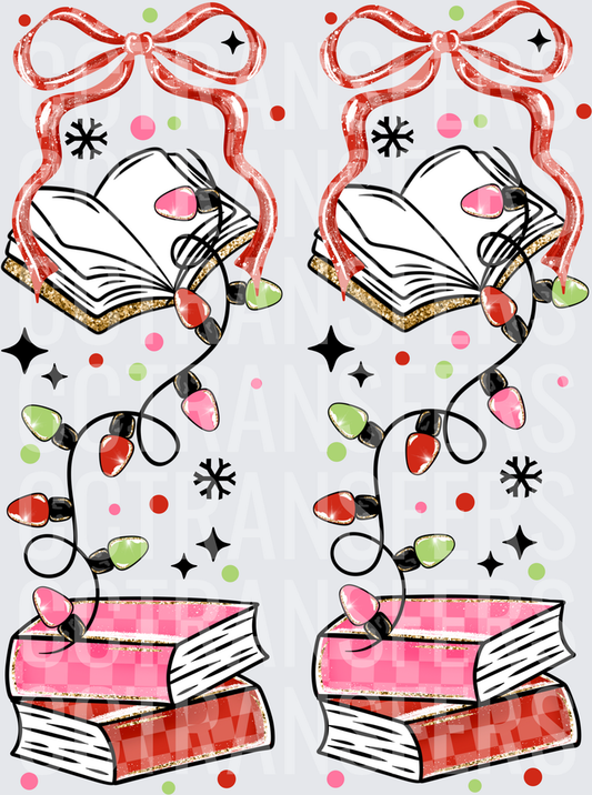 Christmas Books String Lights Red Bow Snowflakes (DTF)