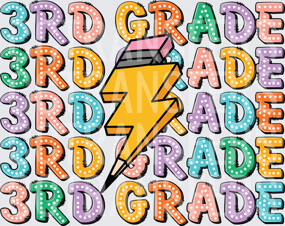 3rd Grade Pencil Lightning Bolt Polka Dot Pattern (DTF)