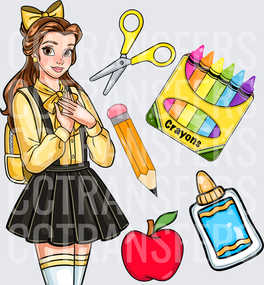 Back to School Princess with Supplies Yellow Bow (DTF)