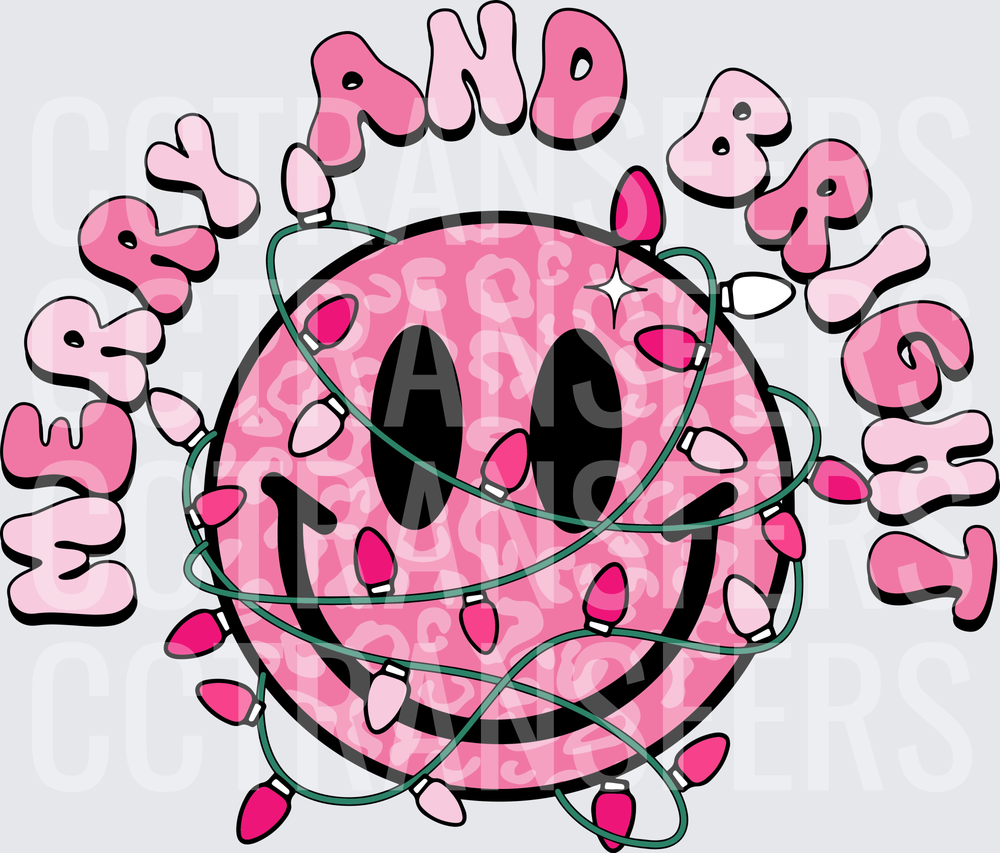 Merry And Bright Pink Leopard Smiley Face Christmas Lights (DTF)