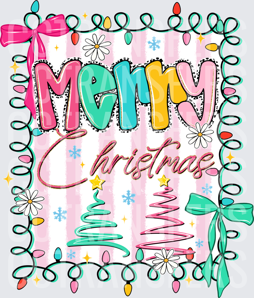 Merry Christmas Retro Lights Bows Pink Stripe Trees (DTF)